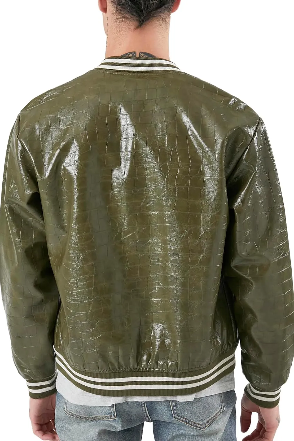 Forever 21 Men's Faux Croc Varsity Bomber Jacket