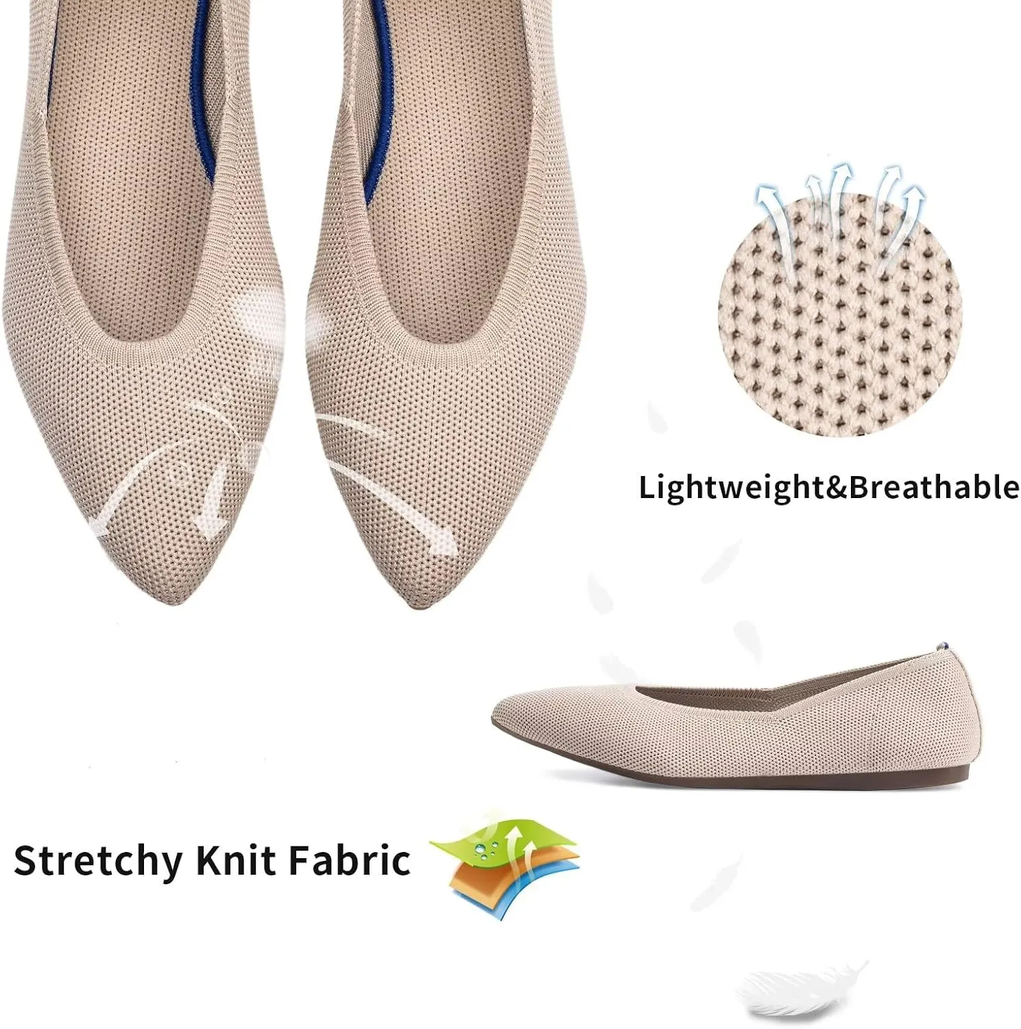 Frank Mully Womens Pointed Toe Flats Knit Dress Shoes Comfort Women Shoes Slip On Shoes for Woman Classic Softable Shoes Low Wedge
