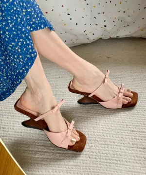 French Pink Bow Wedge Open Toed Square Toe Slippers