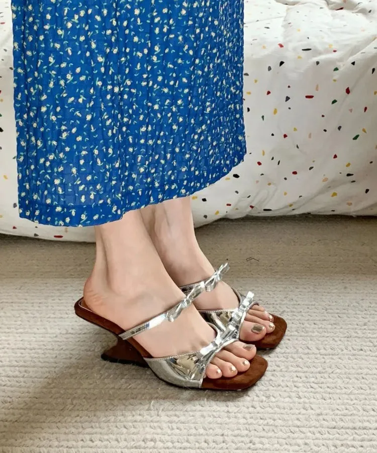 French Pink Bow Wedge Open Toed Square Toe Slippers