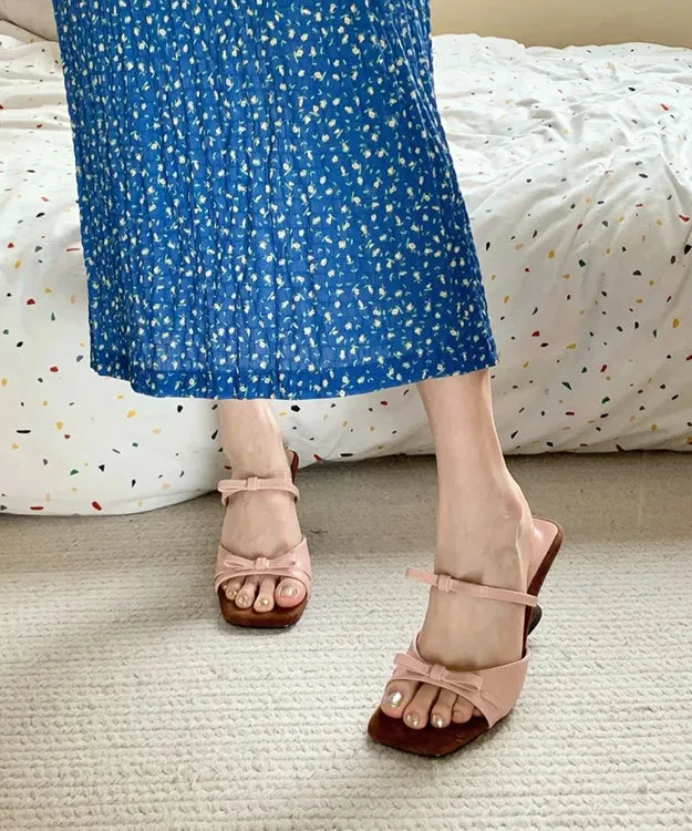 French Pink Bow Wedge Open Toed Square Toe Slippers