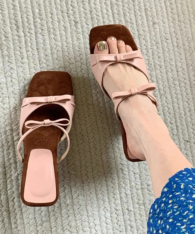 French Pink Bow Wedge Open Toed Square Toe Slippers