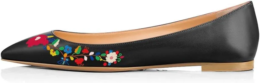 FSJ Women Fresh Floral Printed Flat Pumps Pointed Toe Slip On Party Dress Shoe for Comfort Casual Outfits 4-15 US