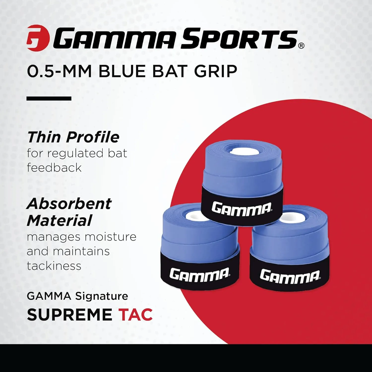 Gamma Sports Supreme Tac Baseball Grip Wrap (3 Pack) – Tacky, Absorbent, Non-Slip, Easy to Apply – Great for Any Size Handle, Aluminum or Wood Bat