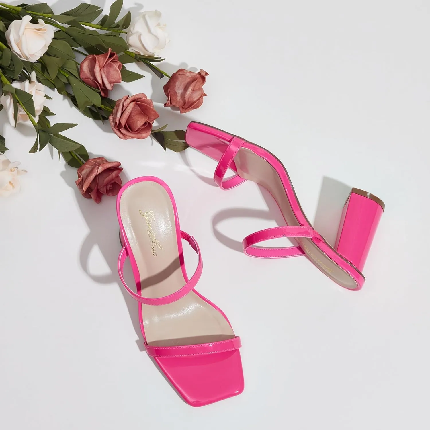 GENSHUO High Chunky Heels for Women Fashion Comfort Slip on Square Open Toe Block Heel Sandals Two Strap Backless Mules