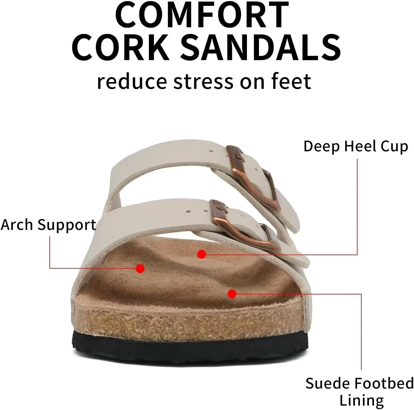Genuine Leather Unisex Cork Footed Flat Slide Sandals with Arch Support, Men and Women’s Double Buckle Memory Foam Slide for Beach Summer Vacation