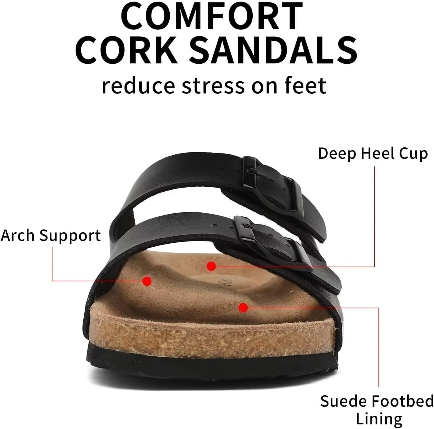 Genuine Leather Unisex Cork Footed Flat Slide Sandals with Arch Support, Men and Women’s Double Buckle Memory Foam Slide for Beach Summer Vacation