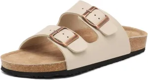 Genuine Leather Unisex Cork Footed Flat Slide Sandals with Arch Support, Men and Women’s Double Buckle Memory Foam Slide for Beach Summer Vacation