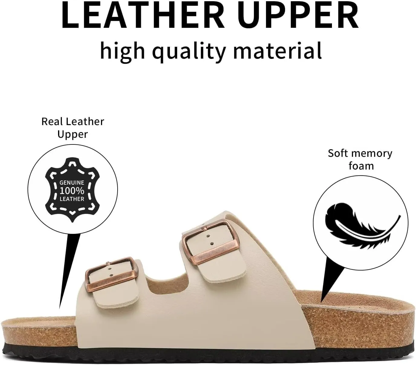 Genuine Leather Unisex Cork Footed Flat Slide Sandals with Arch Support, Men and Women’s Double Buckle Memory Foam Slide for Beach Summer Vacation