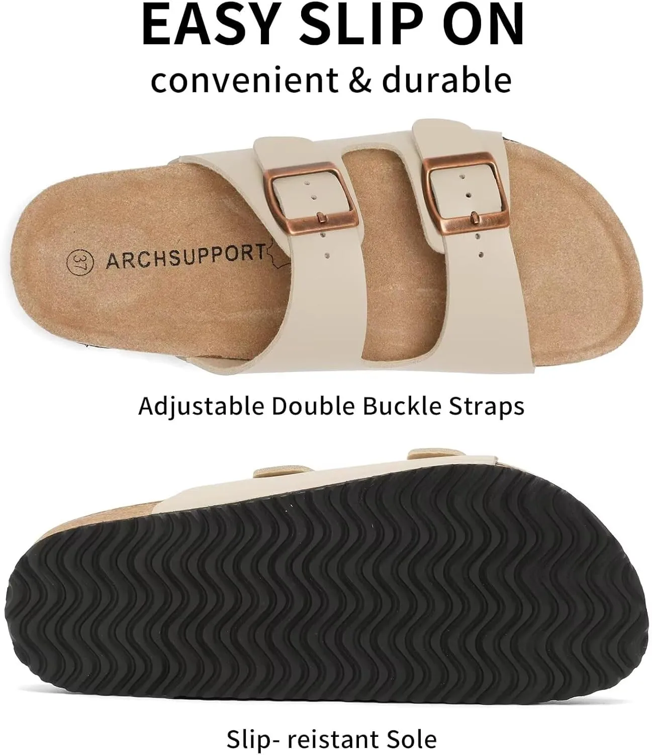Genuine Leather Unisex Cork Footed Flat Slide Sandals with Arch Support, Men and Women’s Double Buckle Memory Foam Slide for Beach Summer Vacation