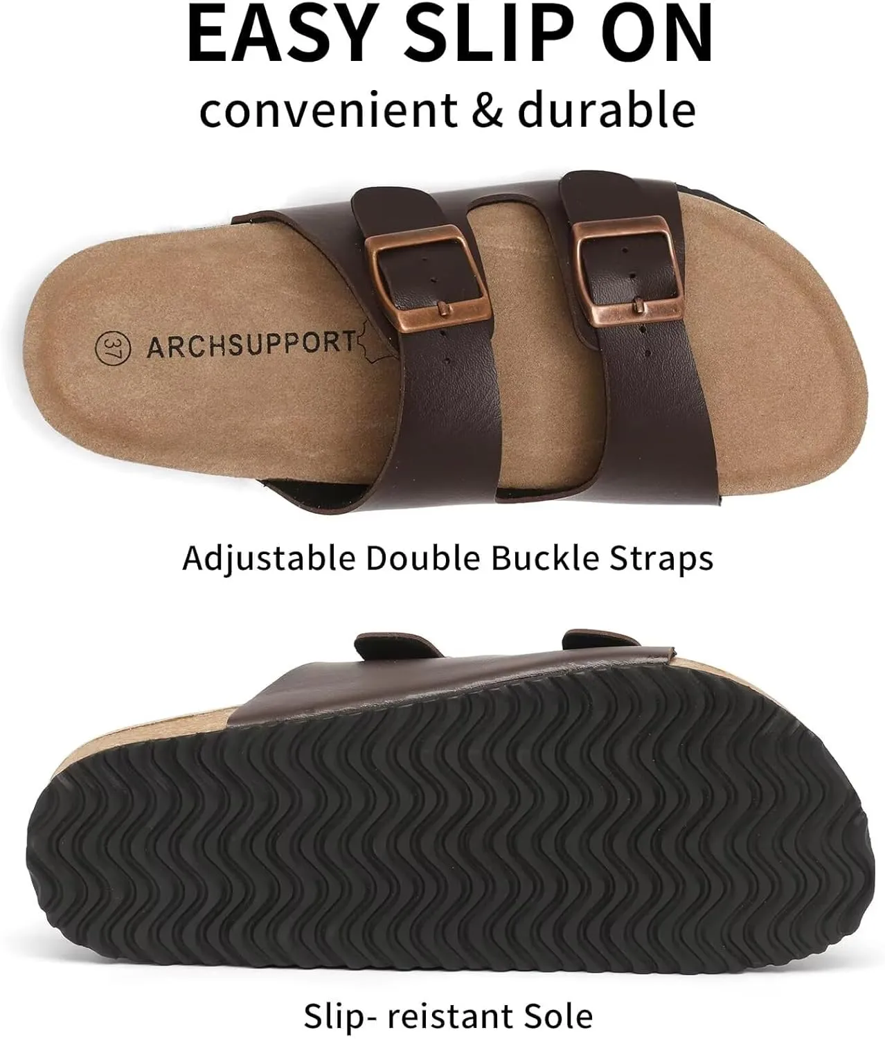 Genuine Leather Unisex Cork Footed Flat Slide Sandals with Arch Support, Men and Women’s Double Buckle Memory Foam Slide for Beach Summer Vacation