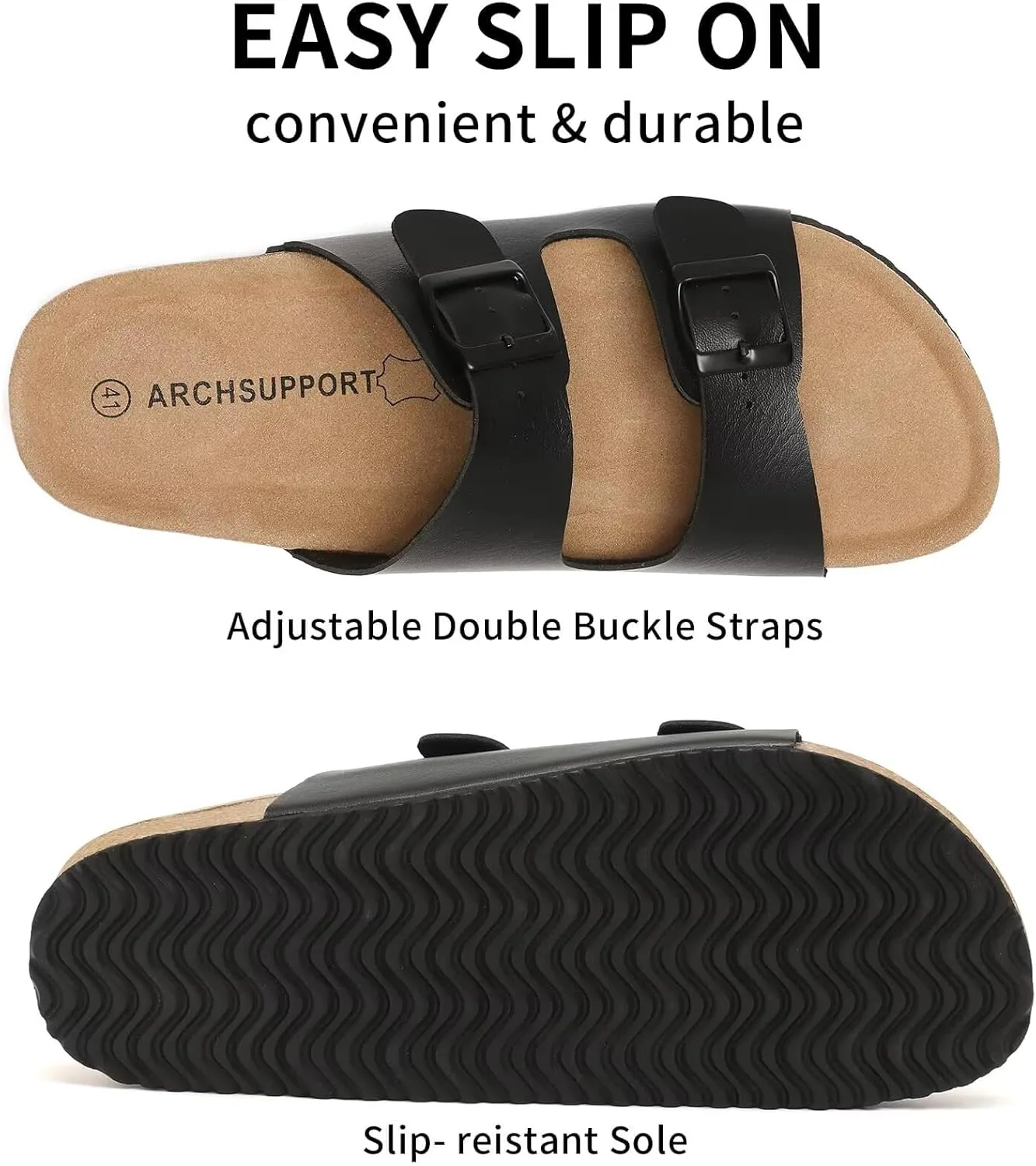Genuine Leather Unisex Cork Footed Flat Slide Sandals with Arch Support, Men and Women’s Double Buckle Memory Foam Slide for Beach Summer Vacation