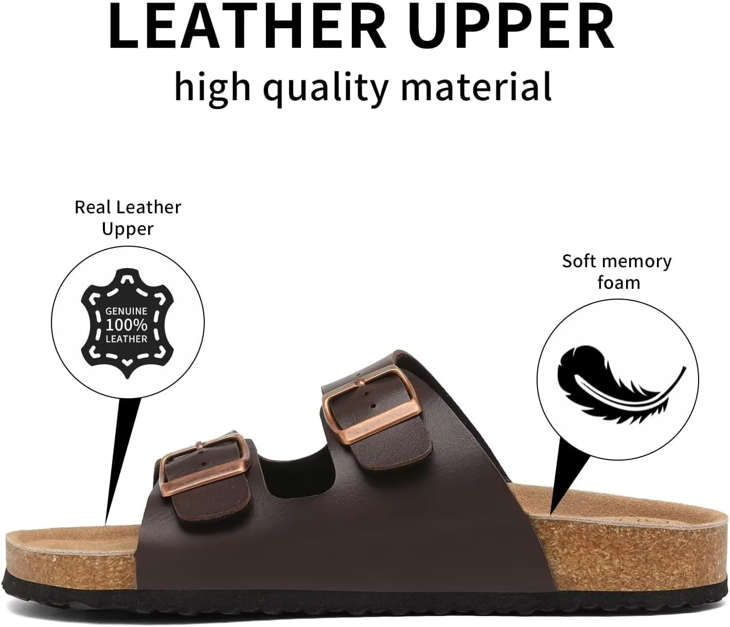 Genuine Leather Unisex Cork Footed Flat Slide Sandals with Arch Support, Men and Women’s Double Buckle Memory Foam Slide for Beach Summer Vacation