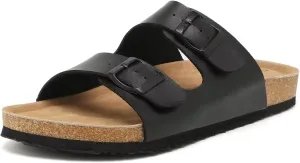 Genuine Leather Unisex Cork Footed Flat Slide Sandals with Arch Support, Men and Women’s Double Buckle Memory Foam Slide for Beach Summer Vacation