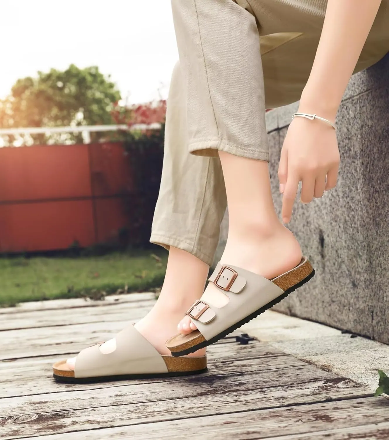 Genuine Leather Unisex Cork Footed Flat Slide Sandals with Arch Support, Men and Women’s Double Buckle Memory Foam Slide for Beach Summer Vacation
