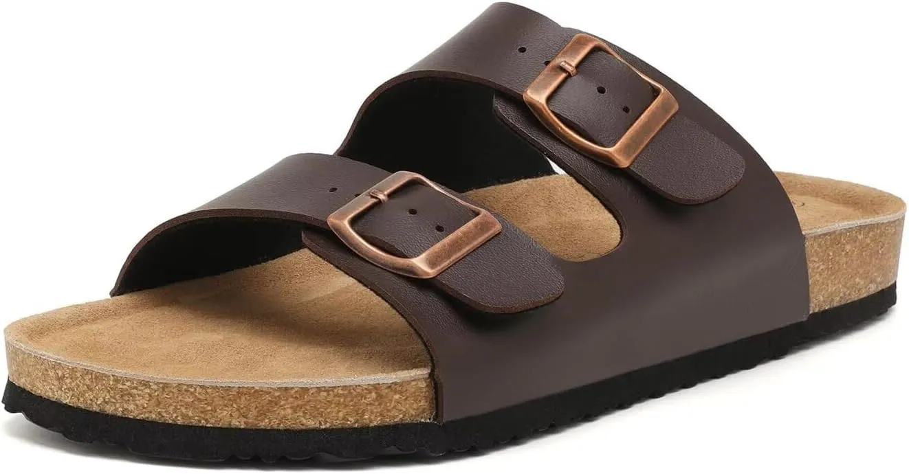 Genuine Leather Unisex Cork Footed Flat Slide Sandals with Arch Support, Men and Women’s Double Buckle Memory Foam Slide for Beach Summer Vacation