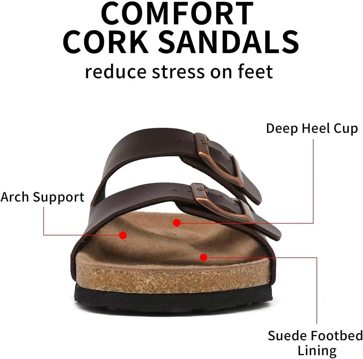 Genuine Leather Unisex Cork Footed Flat Slide Sandals with Arch Support, Men and Women’s Double Buckle Memory Foam Slide for Beach Summer Vacation