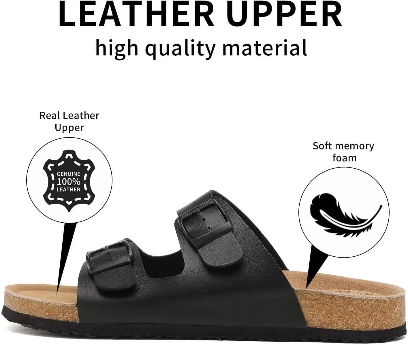 Genuine Leather Unisex Cork Footed Flat Slide Sandals with Arch Support, Men and Women’s Double Buckle Memory Foam Slide for Beach Summer Vacation