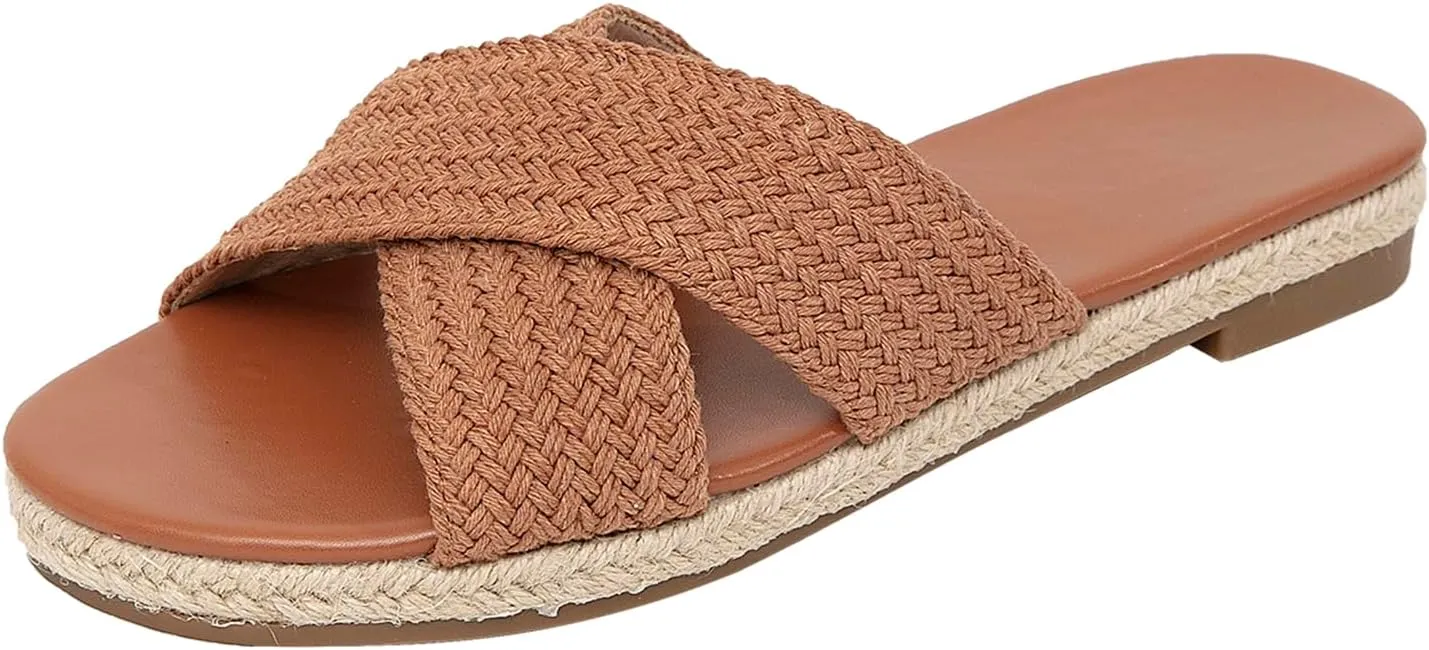 getmorebeauty Women's Slide Sandals Espadrilles Braided Crossover Band Open Toe Slip On Dress Flats Shoes Summer