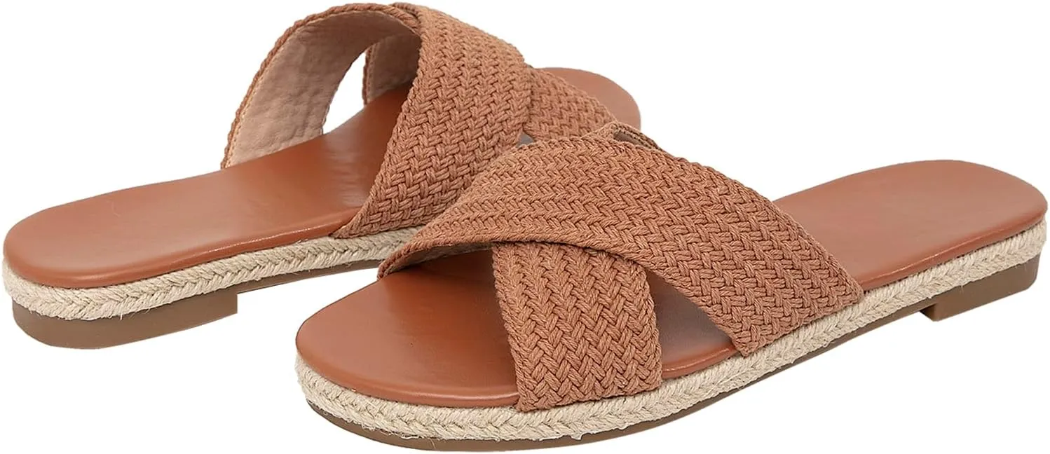 getmorebeauty Women's Slide Sandals Espadrilles Braided Crossover Band Open Toe Slip On Dress Flats Shoes Summer