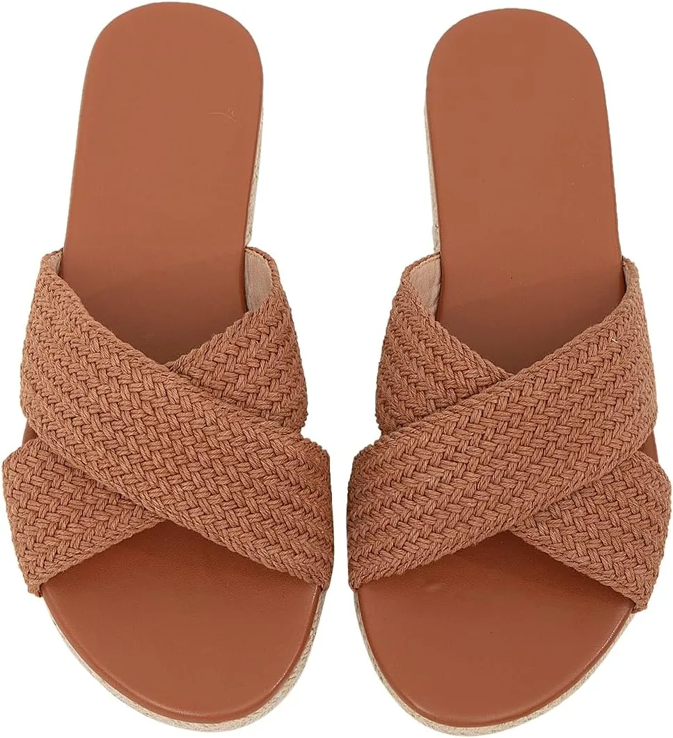 getmorebeauty Women's Slide Sandals Espadrilles Braided Crossover Band Open Toe Slip On Dress Flats Shoes Summer