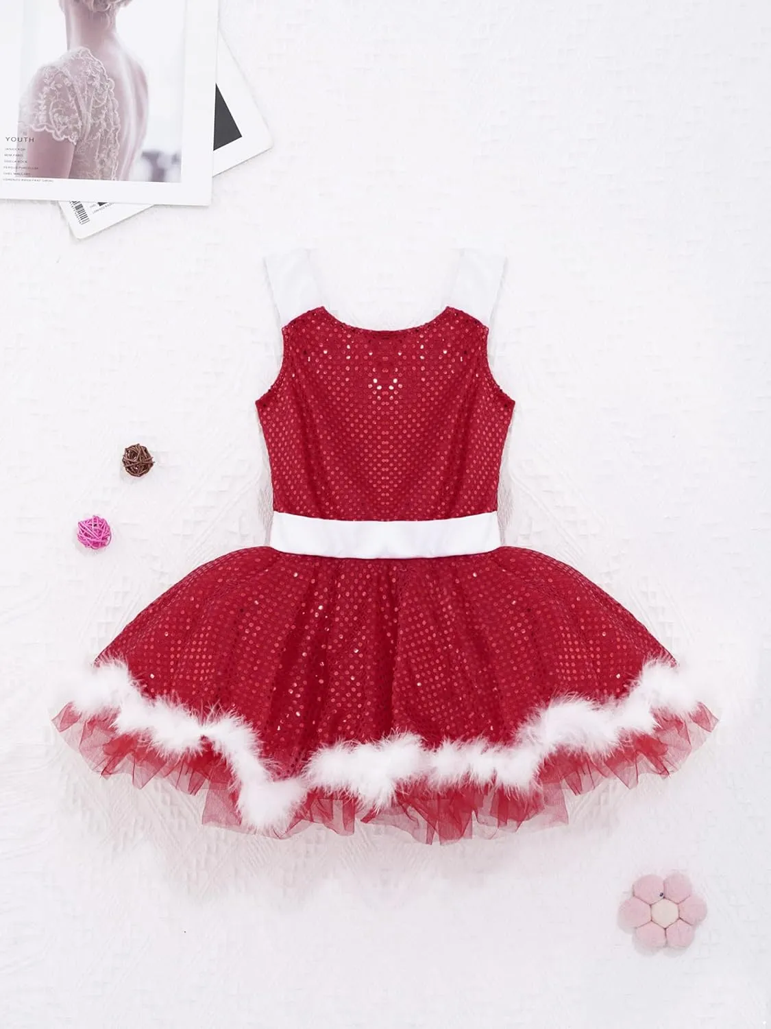 Girls Christmas Dance Dress Santa Dress Sequins Skirted Leotard Ballet Tutu Dress Figure Ice Skating Dress
