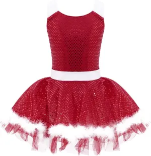 Girls Christmas Dance Dress Santa Dress Sequins Skirted Leotard Ballet Tutu Dress Figure Ice Skating Dress