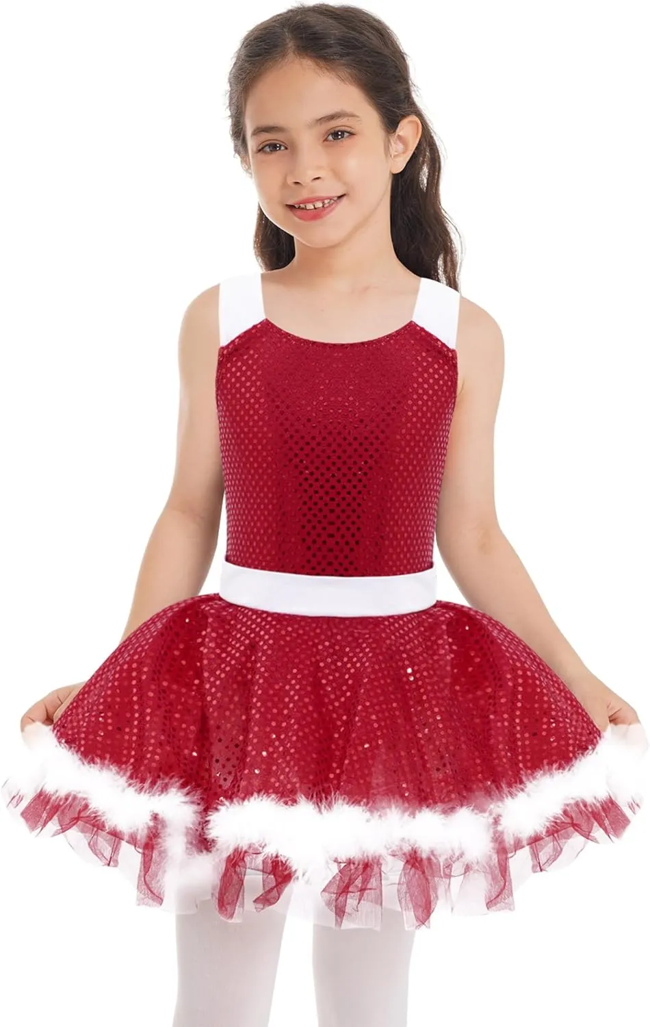 Girls Christmas Dance Dress Santa Dress Sequins Skirted Leotard Ballet Tutu Dress Figure Ice Skating Dress
