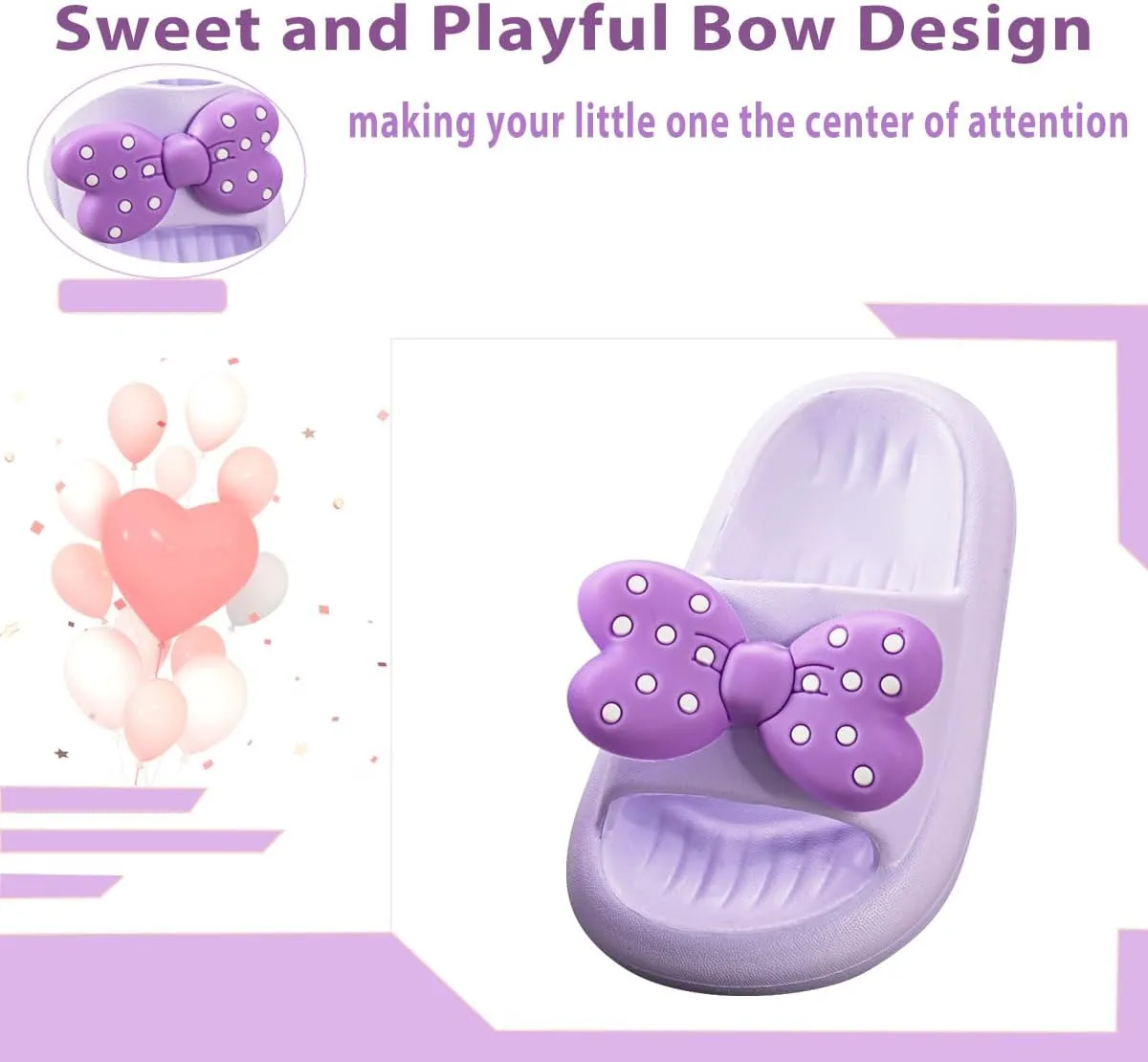 Girls Cloud Bow Slide & Shower Slippers - Non-Slip Slip-On Kids Beach Pool Indoor Outdoor Shoes