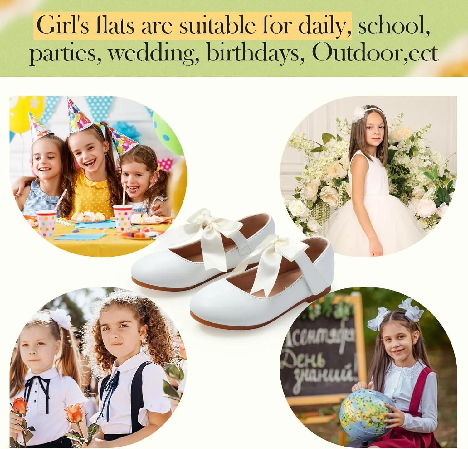 Girls Mary Jane Flats - Soft Round Toe Dress Shoes with Non-Slip Soles | Cute Bow Ballet Flats for Weddings, School, Parties (Toddler/Kids Sizes)