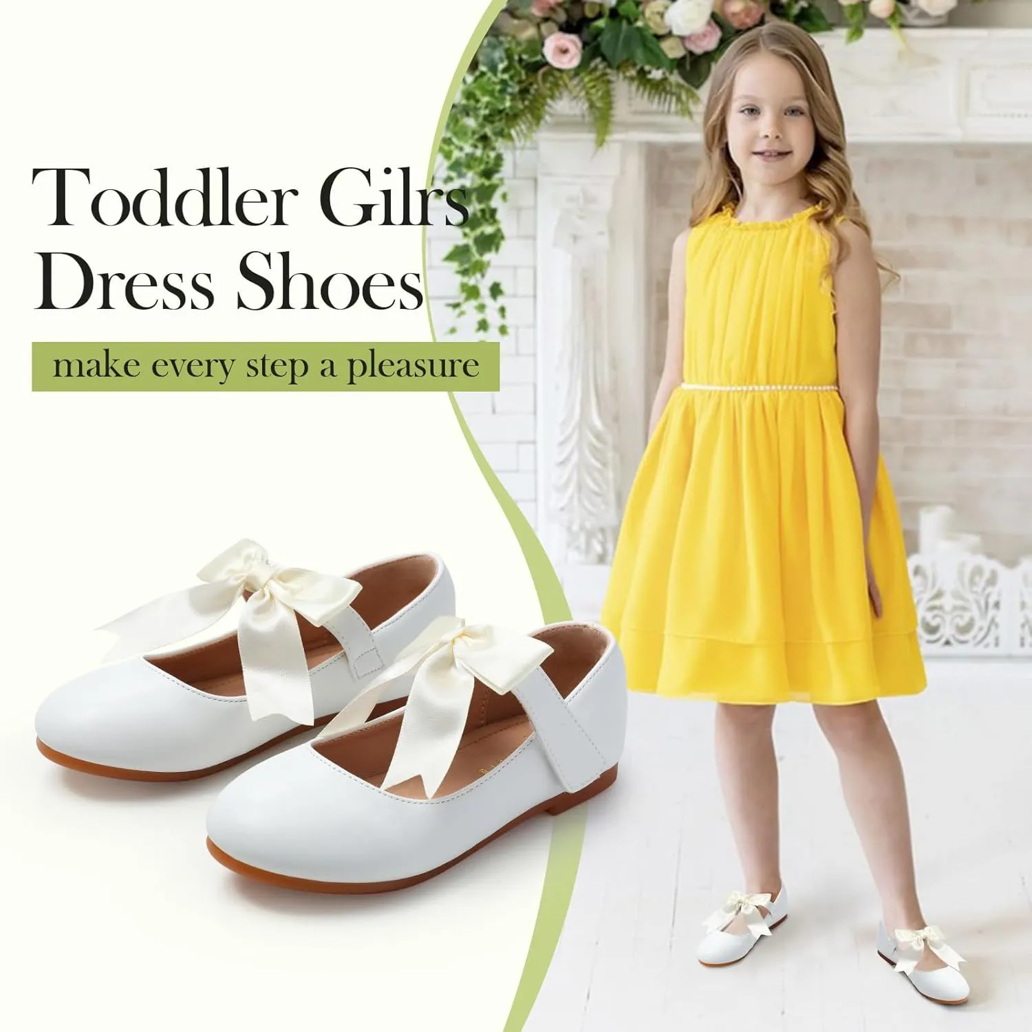 Girls Mary Jane Flats - Soft Round Toe Dress Shoes with Non-Slip Soles | Cute Bow Ballet Flats for Weddings, School, Parties (Toddler/Kids Sizes)