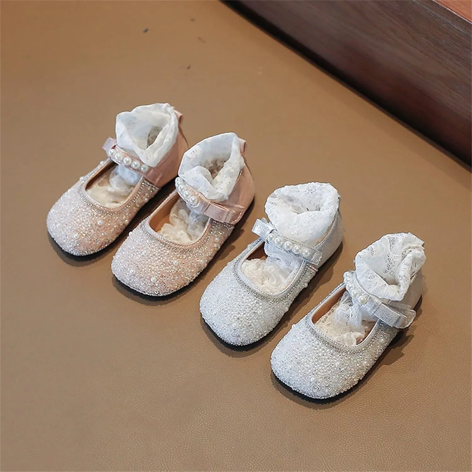 Girls Mary Jane Rhinestone Toddler Dress Shoes Slip On Ballet Flats for Party Wedding Performance School Uniform