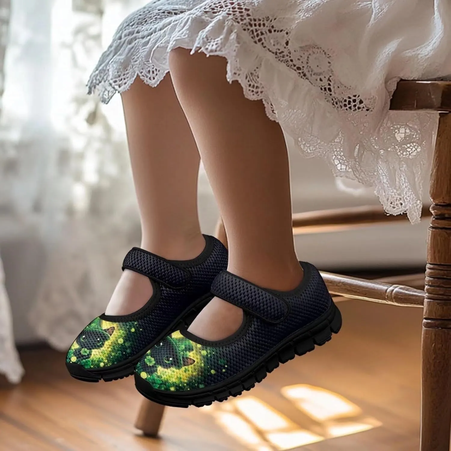 Girls Slip On Casual Shoes St. Patrick's Day Easter Shoes Comfort Non Slip Travel Walking Shoe Mesh Sneaker Black Sole US 11-15