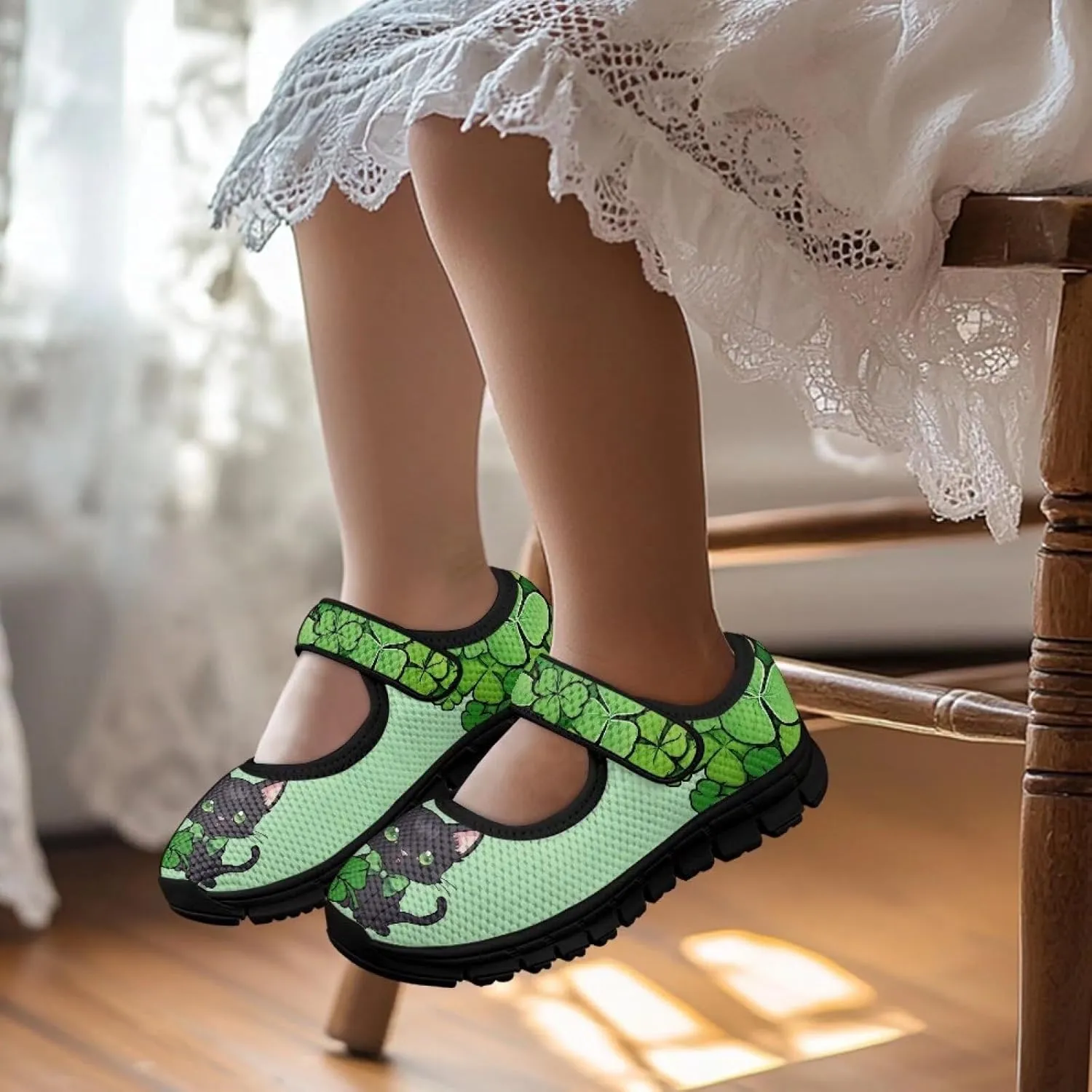 Girls Slip On Casual Shoes St. Patrick's Day Easter Shoes Comfort Non Slip Travel Walking Shoe Mesh Sneaker Black Sole US 11-15