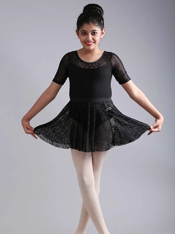 Girls Stylish Half Sleeve Lace Ballet Dance Leotard with Skirt