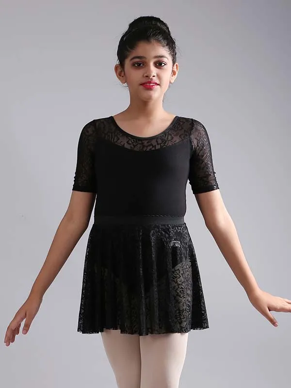 Girls Stylish Half Sleeve Lace Ballet Dance Leotard with Skirt