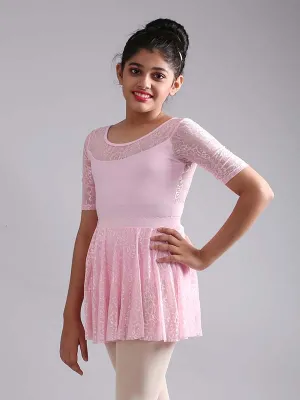 Girls Stylish Half Sleeve Lace Ballet Dance Leotard with Skirt