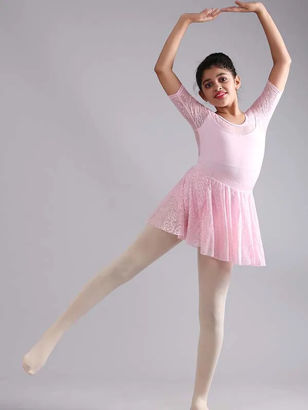 Girls Stylish Half Sleeve Lace Ballet Dance Leotard with Skirt