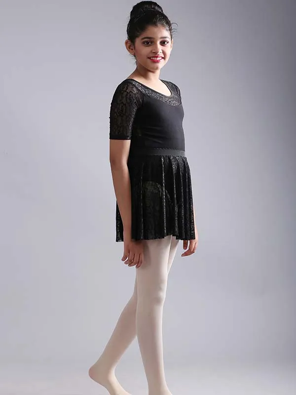 Girls Stylish Half Sleeve Lace Ballet Dance Leotard with Skirt
