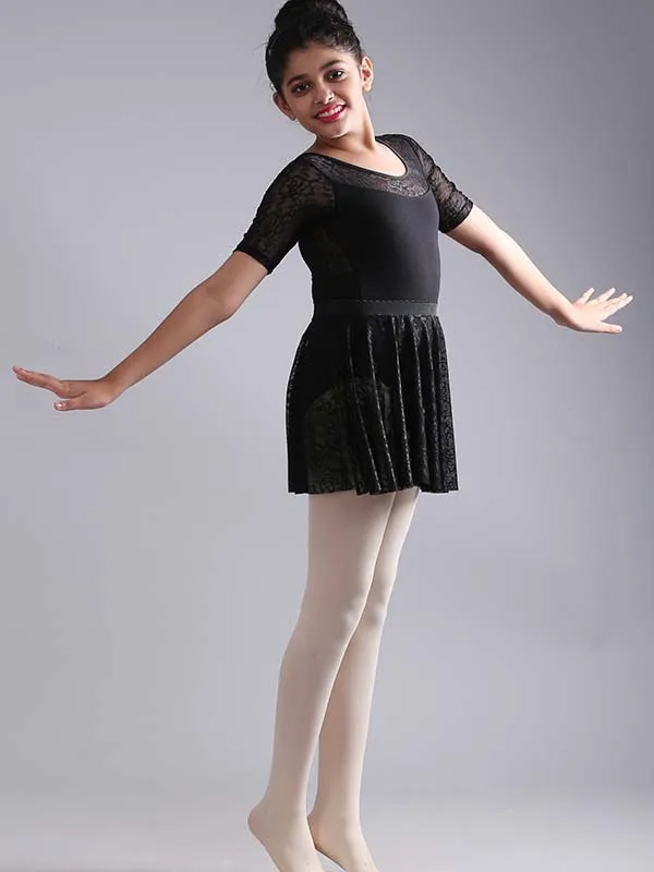 Girls Stylish Half Sleeve Lace Ballet Dance Leotard with Skirt