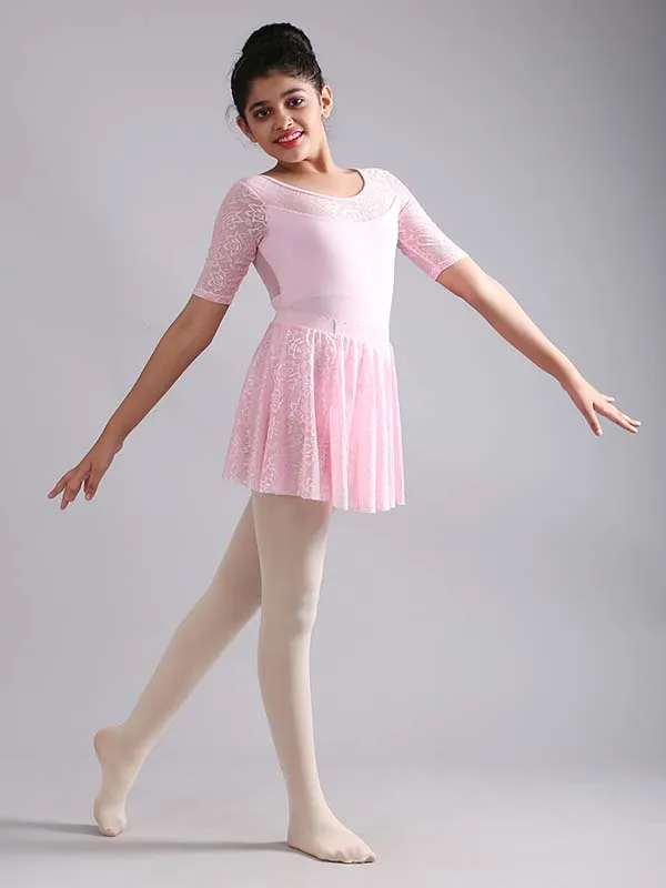 Girls Stylish Half Sleeve Lace Ballet Dance Leotard with Skirt