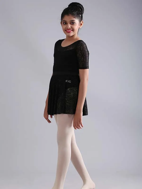 Girls Stylish Half Sleeve Lace Ballet Dance Leotard with Skirt