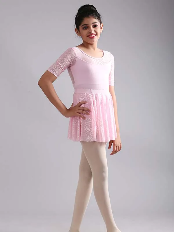 Girls Stylish Half Sleeve Lace Ballet Dance Leotard with Skirt