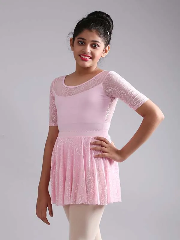 Girls Stylish Half Sleeve Lace Ballet Dance Leotard with Skirt