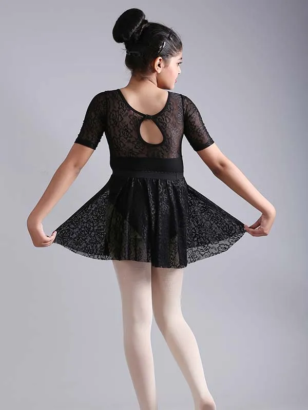 Girls Stylish Half Sleeve Lace Ballet Dance Leotard with Skirt