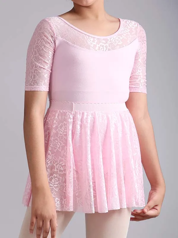 Girls Stylish Half Sleeve Lace Ballet Dance Leotard with Skirt