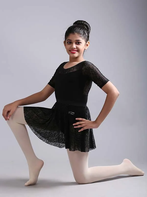Girls Stylish Half Sleeve Lace Ballet Dance Leotard with Skirt