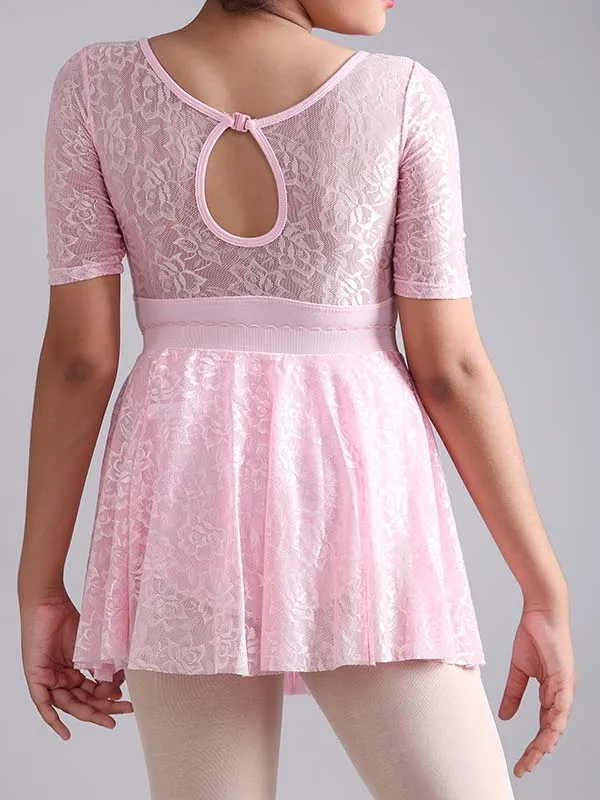 Girls Stylish Half Sleeve Lace Ballet Dance Leotard with Skirt