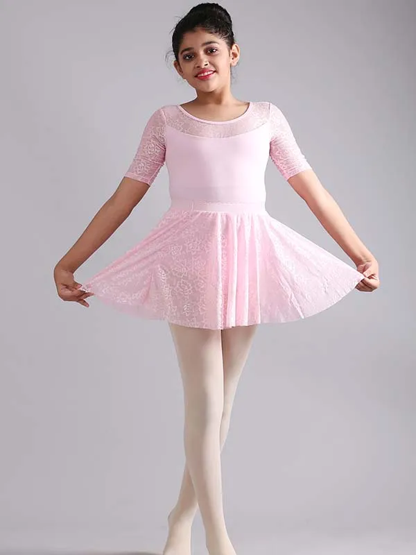 Girls Stylish Half Sleeve Lace Ballet Dance Leotard with Skirt