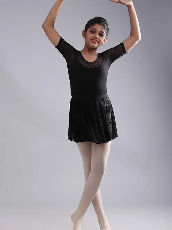 Girls Stylish Half Sleeve Lace Ballet Dance Leotard with Skirt